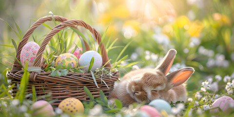Cute little bunny sleeping with Easter basket full of colorful Easter eggs  on the grass nature flowers landscape background for Easter theme concept 