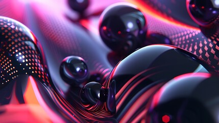 3D rendering of a dark, glossy sphere floating in a red, abstract space. The sphere is surrounded by a glowing, red light and has a bumpy surface.