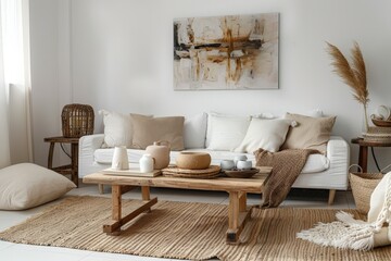 Neutral Toned Living Room with Modern Rustic Decor. Generative AI.