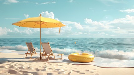 beach background with umbrella and chair - obrazy, fototapety, plakaty
