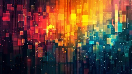 Abstract background. Glowing squares of different colors on a dark background.