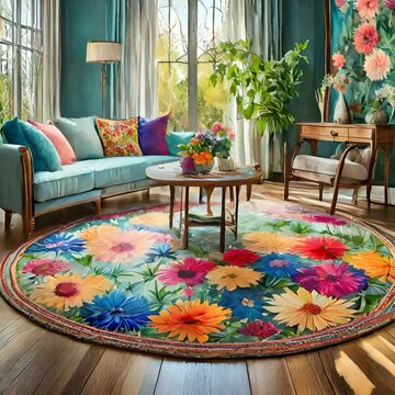 a round floral living room rug, highlighting its intricate floral patterns and vibrant colors. Use detailed rendering to depict the rug's texture and design, conveying its elegance and charm as a foca