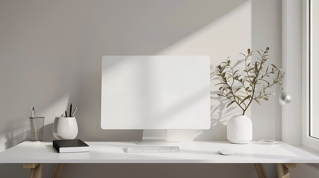 A stylish and minimal workspace with a white desk, computer, and accessories.