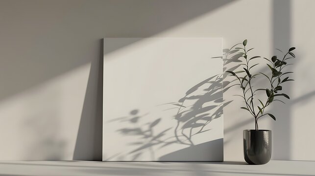 A beautiful indoor plant sits in front of a blank wall, casting shadows on the wall. The plant is in a black pot and has green leaves.