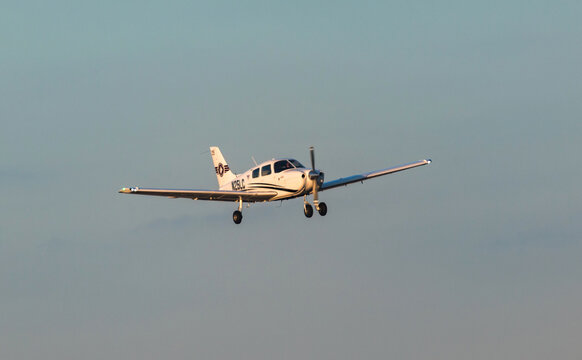 FORT MYERS, FLORIDA, USA - 15 FEB 2024. 2022 PIPER ARCHER III, PA-28-181 takes off from Page Field Airport in Fort Myers on the Gulf Coast. Florida, USA