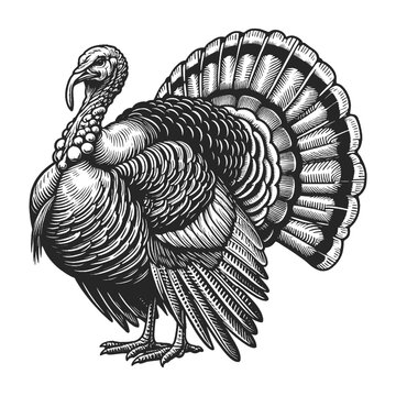turkey farm bird in a vintage style sketch engraving generative ai vector illustration. Scratch board imitation. Black and white image.