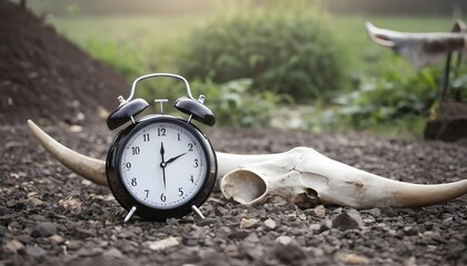 Black alarm clock time numbers and time needle white place put on the ground gravel in the garden with cow horn or cow skull and smoke as background. - Powered by Adobe