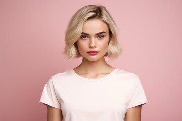 Portrait of a beautiful young woman with blond hair on a pink background