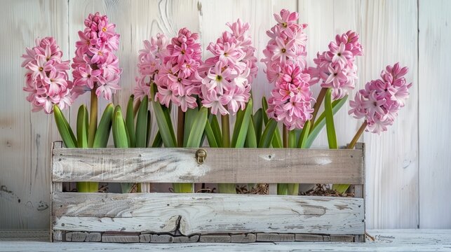 Pink hyacinths in a box with a white background of wooden planks and a wall, with focus on the