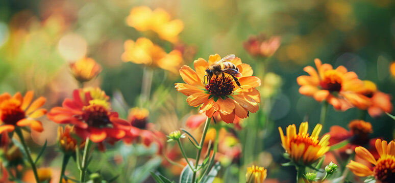 A bee is sitting on top of an orange and yellow flower with other flowers in the background. The focus point should be at about half height, and it would capture a closeup shot 