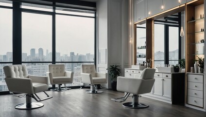 White modern beauty salon with armchairs, panoramic window, Mock up wall