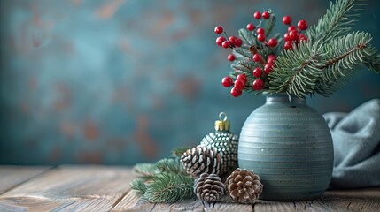 Celebrating Home Comfort: Still Life with Christmas Decor on Wooden Table in Living Room - Powered by Adobe