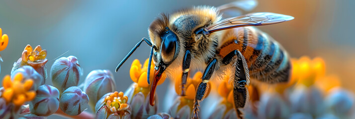  Close Up of Bumblebee on Plant ,
 Close up Realistic Honey Bee collecting pollen. Created with   - obrazy, fototapety, plakaty