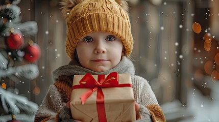 small cute child holding present gift box with red ribbon giving receiving presents on holiday event 