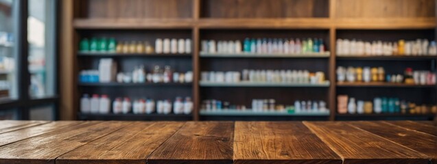 Wooden table top with copy space with blurred pharmacy shop background
