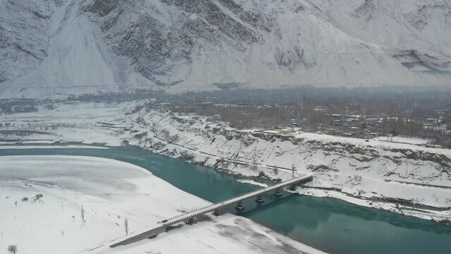 Aerial shot of landscape of mountains and rivers in Skardu city, Pakistan.
