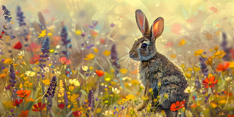 Fototapeta na wymiar A painting of a rabbit in a field of flowers for Easter concept background and wallpaper ,The Easter Bunny's Playful Adventure in a Meadow of Easter concept background 