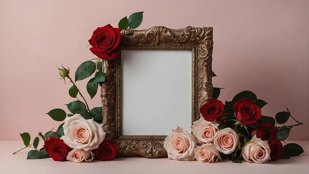 portrait oriented blank empty beautiful frame nestled among a lush arrangement of roses and other flowers with a soft green and yellow backdrop
