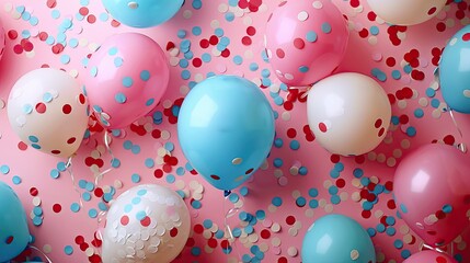 Fototapeta na wymiar pastel pink table with colorful balloons and confetti for birthday top view flat lay style