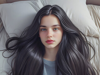 Naklejka premium Eye heterochromia and beauty concept. Cute girl with different eye colors and healthy hair relaxing on bed top view photo