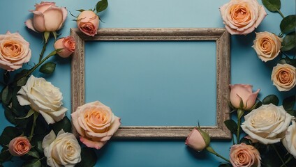 Portrait oriented blank empty frame nestled among a lush arrangement of roses and other flowers with a soft blue backdrop