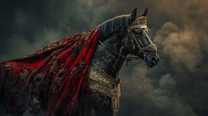 A majestic horse stands proud, adorned in intricate armor, under a dramatic stormy sky, embodying strength and the spirit of a bygone era. - obrazy, fototapety, plakaty