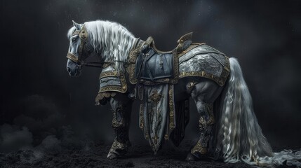 A majestic horse stands proud, adorned in intricate armor, under a dramatic stormy sky, embodying strength and the spirit of a bygone era. - obrazy, fototapety, plakaty