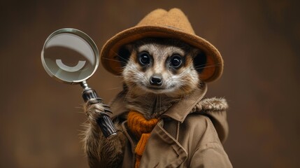 clever raccoon detective is portrayed with a magnifying glass, ready to solve the case aboard an old-fashioned ship setting. - obrazy, fototapety, plakaty