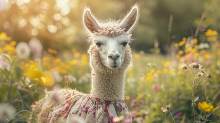 A serene llama, beautifully adorned with a floral headdress, stands amidst a vibrant springtime meadow, radiating a sense of peace and harmony.