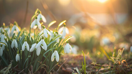 A group of snowdrops growing in the grass, closeup shot, with a blurred background. The flowers have white petals and green leaves that stand out against sunlight. soft focus lens