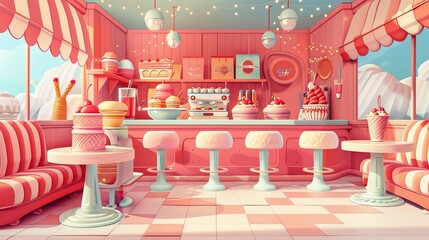 A nostalgic look at a retro diner interior, featuring pastel pink and blue decor with whimsical ice cream and cupcake motifs throughout the space.