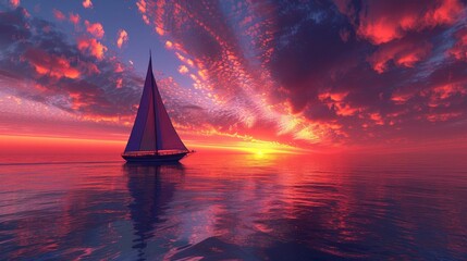 A solitary sailboat glides across calm waters, its sails set against the dramatic backdrop of a deeply crimson sunset. - obrazy, fototapety, plakaty