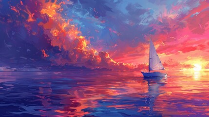 A solitary sailboat glides across calm waters, its sails set against the dramatic backdrop of a deeply crimson sunset.