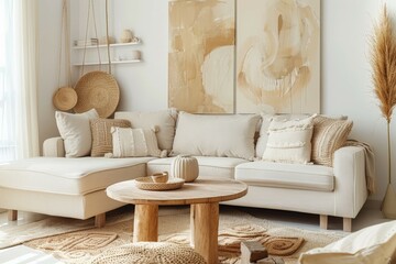 Bright and Airy Lounge with Neutral Tones and Woven Textures. Generative AI.