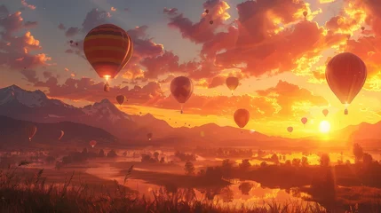 Tuinposter As the sun rises, colorful hot air balloons float dreamily over misty mountains, creating a serene and enchanting morning landscape. © Riz
