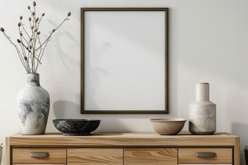Sophisticated Home Aesthetic with Blank Frame, Earthy Vases and Dried Florals. Generative AI.
