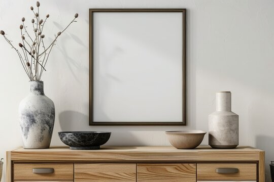 Sophisticated Home Aesthetic With Blank Frame, Earthy Vases And Dried Florals. Generative AI.