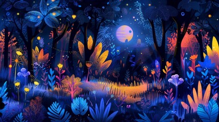 Obraz premium a magical night scene within an enchanted forest, highlighted by luminescent flora under a captivating moonrise. Ideal for storytelling and themes of fantasy.