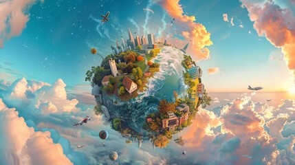 a surreal representation of a globe where urban cityscapes and natural landscapes coexist harmoniously, with planes circling a fantastical sky. - obrazy, fototapety, plakaty