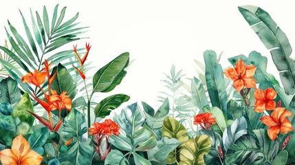 A vibrant and detailed illustration showcasing a variety of tropical plants and flowers, illustrating the rich biodiversity of tropical ecosystems.