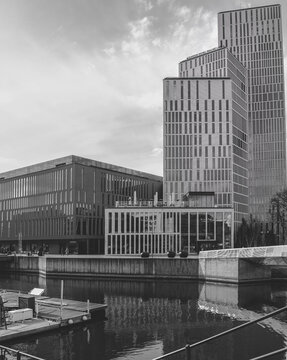 Modern scandinavian architecture buildings. View of Malmo Skyline and Hamnkanalen Canal - Malmhattan.