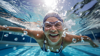 水泳・スイミングをする元気な高齢者の女性・プールで泳ぐシニア - obrazy, fototapety, plakaty