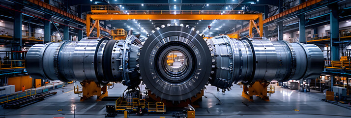 Assembling a Large Wind Turbine Component,
Gas turbine power plant with gas turbines in operation highlighting the combustion process
 - obrazy, fototapety, plakaty