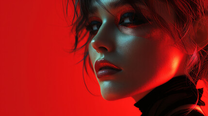 Red Neon Glow on Futuristic Female Portrait