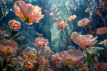 Fototapeta na wymiar Surreal underwater garden scene with vibrant flowers basking in ethereal light, creating a dreamlike ambiance.