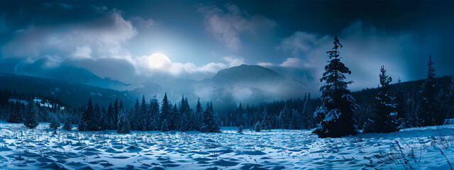 Fototapeta na wymiar beautiful winter landscape, snowcovered forest on the background of mountains, panoramic view, moonlight shining through clouds, blue tones, high resolution photography