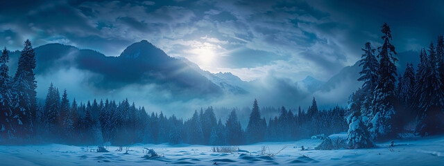 beautiful winter landscape, snowcovered forest on the background of mountains, panoramic view, moonlight shining through clouds, blue tones, high resolution photography - obrazy, fototapety, plakaty