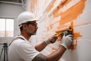 construction worker painting the wall of building