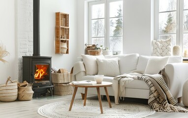Bright White Living Space with Cozy Fireplace and Textured Decor. Generative AI.
