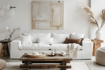 Serene Living Room with Earth Tone Decor and White Upholstery. Generative AI.